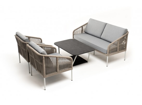 "Канны" лаунж-зона 4-местная из роупа со столом "Глория" (серый гранит), каркас алюминиевый светло-серый, роуп серый меланж в Каменске-Уральском