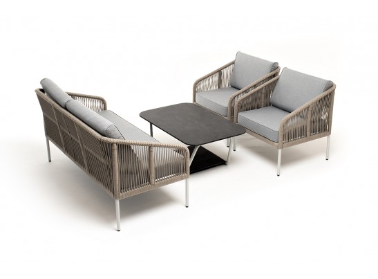 "Канны" лаунж-зона 4-местная из роупа со столом "Глория" (серый гранит), каркас алюминиевый светло-серый, роуп серый меланж в Каменске-Уральском