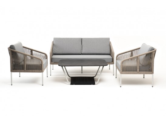 "Канны" лаунж-зона 4-местная из роупа со столом "Глория" (серый гранит), каркас алюминиевый светло-серый, роуп серый меланж в Каменске-Уральском