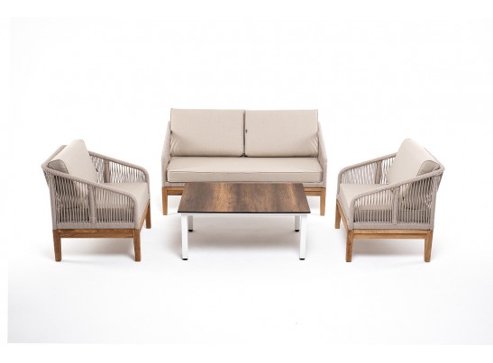 "Канны" лаунж-зона 4-местная из роупа со столиком "Канны" цвета "дуб", основание дуб, роуп бежевый в Каменске-Уральском