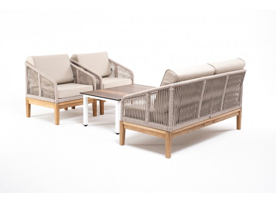 "Канны" лаунж-зона 4-местная из роупа со столиком "Канны" цвета "дуб", основание дуб, роуп бежевый в Каменске-Уральском