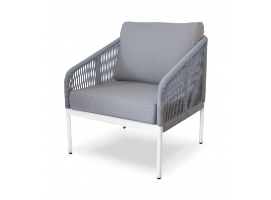 "Канны" кресло плетеное из роупа (веревки), каркас алюминий белый, роуп светло-серый, ткань AHS в Каменске-Уральском