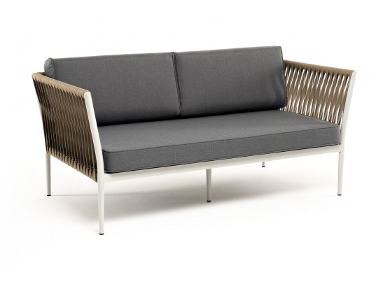 "Касабланка" диван 2-местный плетеный из роупа, каркас алюминий светло-серый (RAL7035) муар, роуп серо-коричневый 23мм, ткань серая 017 в Каменске-Уральском
