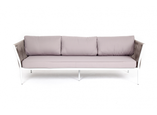 "Касабланка" диван 3-местный плетеный из роупа, каркас алюминий белый муар, роуп бежевый 20мм, ткань бежевая 052 в Каменске-Уральском