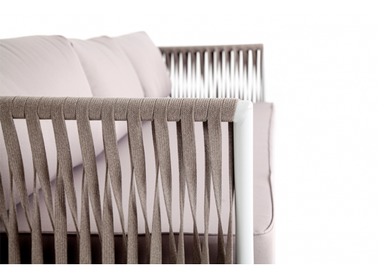 "Касабланка" диван 3-местный плетеный из роупа, каркас алюминий белый муар, роуп бежевый 20мм, ткань бежевая 052 в Каменске-Уральском