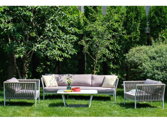 "Касабланка" диван 3-местный плетеный из роупа, каркас алюминий белый муар, роуп бежевый 20мм, ткань бежевая 052 в Каменске-Уральском