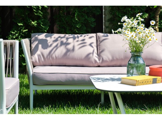 "Касабланка" диван 3-местный плетеный из роупа, каркас алюминий белый муар, роуп бежевый 20мм, ткань бежевая 052 в Каменске-Уральском