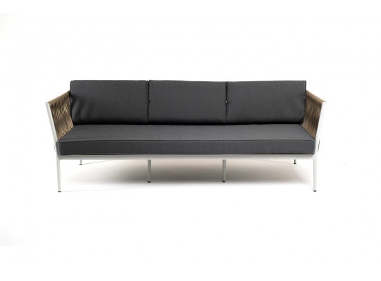 "Касабланка" диван 3-местный плетеный из роупа, каркас алюминий светло-серый (RAL7035) муар, роуп серо-коричневый 23мм, ткань серая 017 в Каменске-Уральском