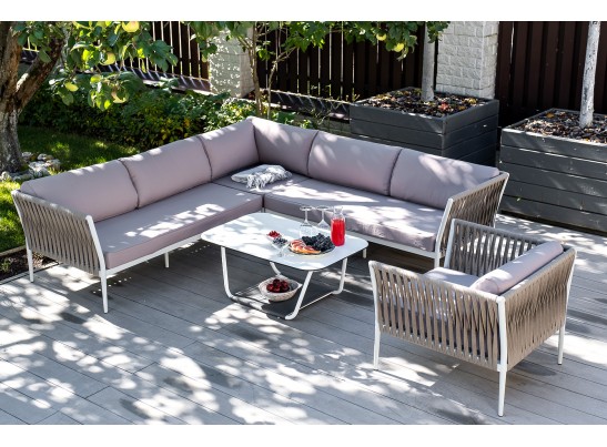 "Касабланка" диван модульный плетеный из роупа, каркас алюминий, роуп серо-коричневый 23мм, ткань бежевая 052 в Каменске-Уральском