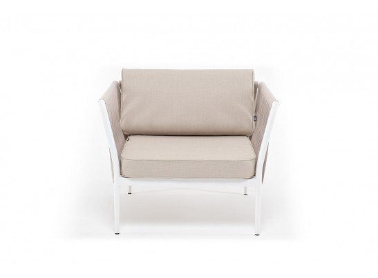 "Касабланка" кресло плетеное из роупа, каркас алюминий белый, роуп бежевый, ткань бежевая в Каменске-Уральском