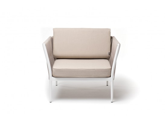 "Касабланка" кресло плетеное из роупа, каркас алюминий белый муар, роуп бежевый 20мм, ткань бежевая 052 в Каменске-Уральском