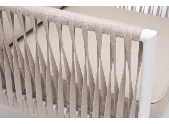 "Касабланка" кресло плетеное из роупа, каркас алюминий белый муар, роуп бежевый 20мм, ткань бежевая 052 в Каменске-Уральском