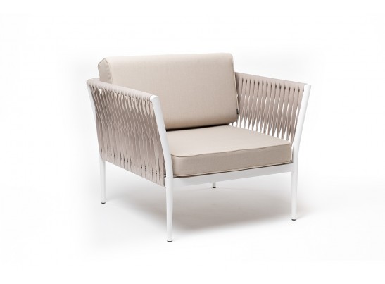 "Касабланка" кресло плетеное из роупа, каркас алюминий белый муар, роуп бежевый 20мм, ткань бежевая 15052 в Каменске-Уральском
