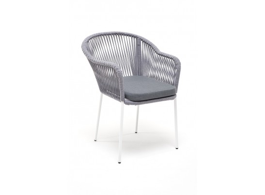 "Лион" стул плетеный из роупа, каркас из стали белый, роуп светло-серый, ткань светло-серая в Каменске-Уральском