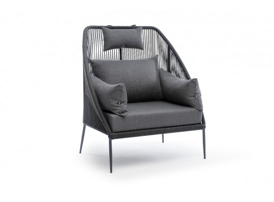 "Мадрид" кресло плетеное из роупа, каркас алюминий темно-серый (RAL7024) муар, роуп темно-серый круглый, ткань темно-серая 027 в Каменске-Уральском