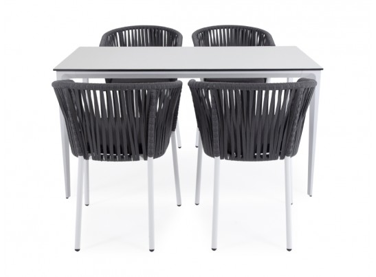 "Малага" обеденная группа на 4 персоны со стульями "Бордо", каркас белый, роуп серый в Каменске-Уральском