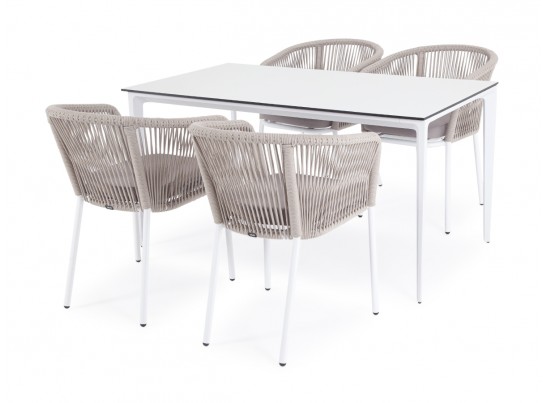 "Малага" обеденная группа на 4 персоны со стульями "Марсель", каркас белый, роуп бежевый в Каменске-Уральском