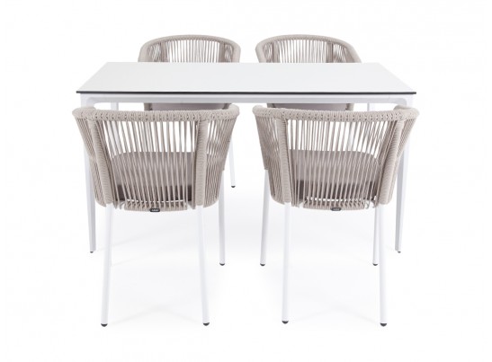"Малага" обеденная группа на 4 персоны со стульями "Марсель", каркас белый, роуп бежевый в Каменске-Уральском