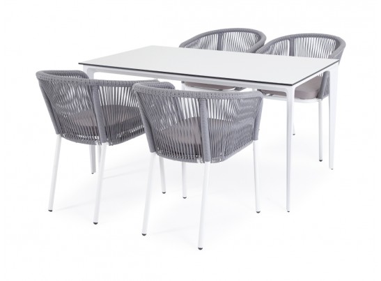 "Малага" обеденная группа на 4 персоны со стульями "Марсель", каркас белый, роуп светло-серый в Каменске-Уральском