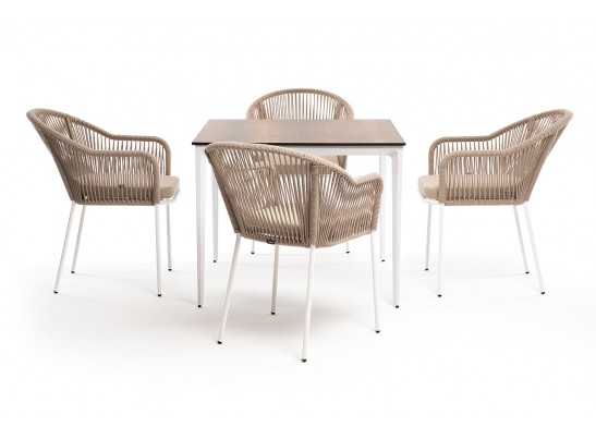 "Малага" обеденная группа на 4 персоны со стульями "Лион", каркас белый, роуп бежевый в Каменске-Уральском