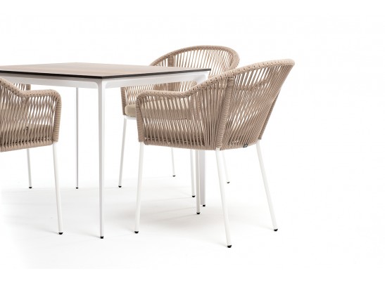 "Малага" обеденная группа на 4 персоны со стульями "Лион", каркас белый, роуп бежевый в Каменске-Уральском