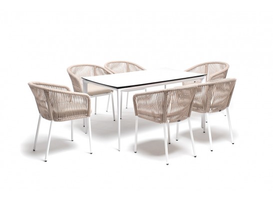 "Малага" обеденная группа на 6 персон со стульями "Марсель", каркас белый, роуп бежевый в Каменске-Уральском