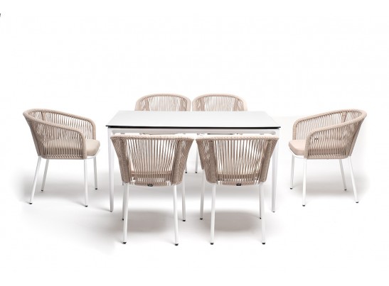 "Малага" обеденная группа на 6 персон со стульями "Марсель", каркас белый, роуп бежевый в Каменске-Уральском