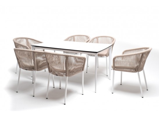 "Малага" обеденная группа на 6 персон со стульями "Марсель", каркас белый, роуп бежевый в Каменске-Уральском