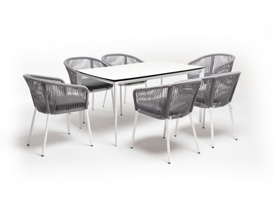 "Малага" обеденная группа на 6 персон со стульями "Марсель", каркас белый, роуп светло-серый в Каменске-Уральском