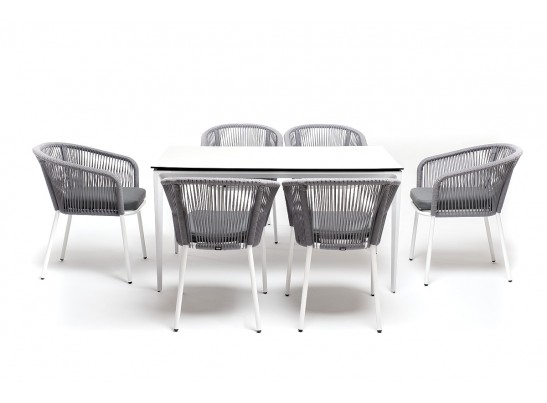 "Малага" обеденная группа на 6 персон со стульями "Марсель", каркас белый, роуп светло-серый в Каменске-Уральском