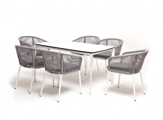 "Малага" обеденная группа на 6 персон со стульями "Марсель", каркас белый, роуп светло-серый в Каменске-Уральском