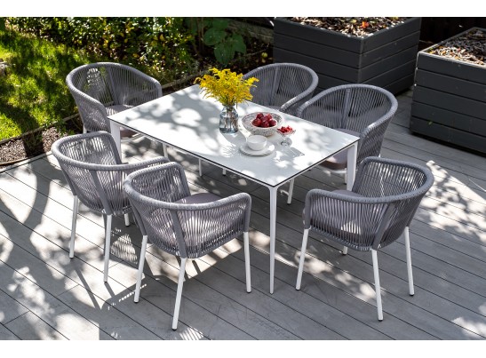 "Малага" обеденная группа на 6 персон со стульями "Марсель", каркас белый, роуп светло-серый в Каменске-Уральском