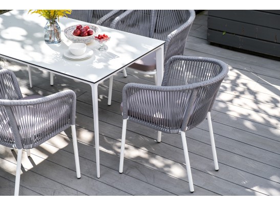 "Малага" обеденная группа на 6 персон со стульями "Марсель", каркас белый, роуп светло-серый в Каменске-Уральском