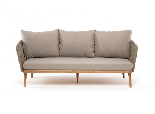 "Мальорка" диван 3-местный плетеный из роупа, основание дуб, роуп серо-коричневый 23мм, ткань бежевая 052 в Каменске-Уральском