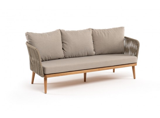 "Мальорка" диван 3-местный плетеный из роупа, основание дуб, роуп серо-коричневый 23мм, ткань бежевая 052 в Каменске-Уральском