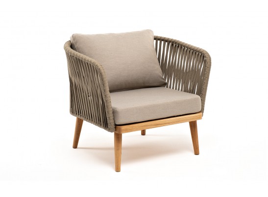 "Мальорка" кресло плетеное из роупа, основание дуб, роуп серо-коричневый 23мм, ткань бежевая 052 в Каменске-Уральском