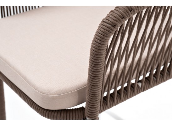 "Марсель" стул барный плетеный из роупа, каркас из стали белый муар, роуп коричневый круглый, ткань бежевая 052 в Каменске-Уральском