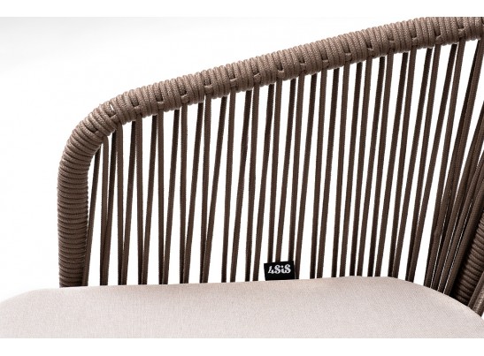 "Марсель" стул барный плетеный из роупа, каркас из стали белый муар, роуп коричневый круглый, ткань бежевая 052 в Каменске-Уральском