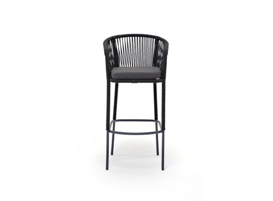 "Марсель" стул барный плетеный из роупа, каркас из стали серый (RAL7022) муар, роуп темно-серый круглый, ткань темно-серая 027 в Каменске-Уральском