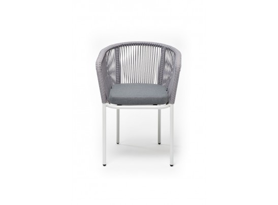 "Марсель" стул плетеный из роупа, каркас алюминий белый муар, роуп светло-серый круглый, ткань светло-серая в Каменске-Уральском