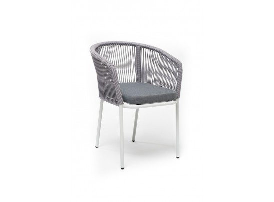 "Марсель" стул плетеный из роупа, каркас алюминий белый муар, роуп светло-серый круглый, ткань светло-серая в Каменске-Уральском