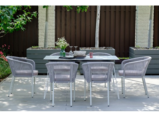 "Марсель" стул плетеный из роупа, каркас алюминий белый муар, роуп светло-серый круглый, ткань светло-серая в Каменске-Уральском