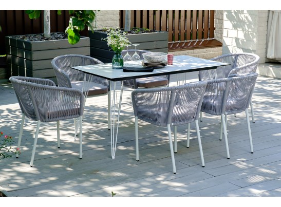 "Марсель" стул плетеный из роупа, каркас алюминий белый муар, роуп светло-серый круглый, ткань светло-серая в Каменске-Уральском