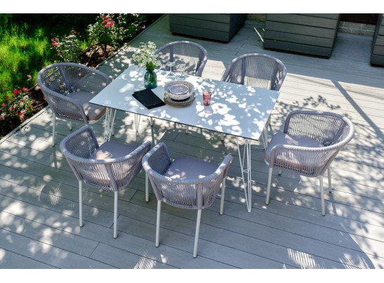 "Марсель" стул плетеный из роупа, каркас алюминий белый муар, роуп светло-серый круглый, ткань светло-серая в Каменске-Уральском