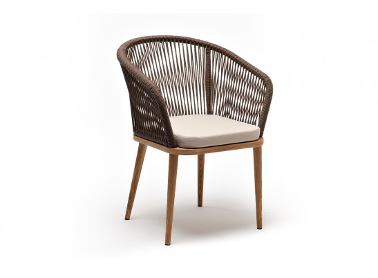 "Марсель" стул плетеный из роупа, основание дуб, роуп коричневый круглый, ткань бежевая 052 в Каменске-Уральском