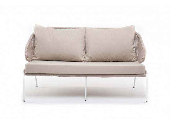 "Милан" диван 2-местный плетеный из роупа, каркас алюминий белый муар, роуп бежевый круглый, ткань бежевая 035 в Каменске-Уральском