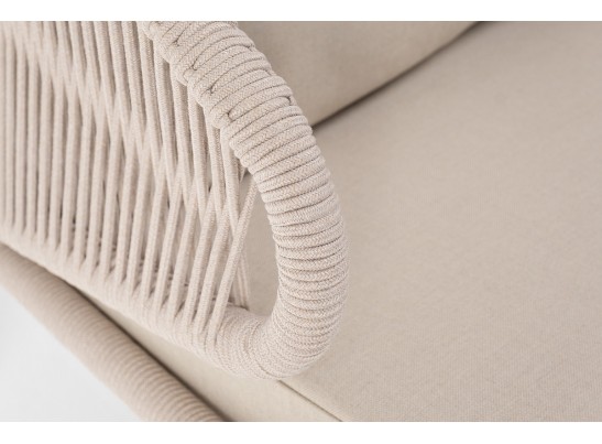 "Милан" диван 2-местный плетеный из роупа, каркас алюминий белый муар, роуп бежевый круглый, ткань бежевая 035 в Каменске-Уральском