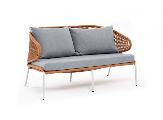 "Милан" диван 2-местный плетеный из роупа, каркас алюминий светло-серый (RAL7035) муар, роуп оранжевый меланж круглый, ткань светло-серая в Каменске-Уральском