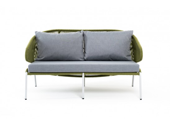 "Милан" диван 2-местный плетеный из роупа, каркас алюминий светло-серый (RAL7035) шагрень, роуп салатовый меланж круглый, ткань светло-сера? в Каменске-Уральском