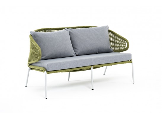 "Милан" диван 2-местный плетеный из роупа, каркас алюминий светло-серый (RAL7035) шагрень, роуп салатовый меланж круглый, ткань светло-сера? в Каменске-Уральском